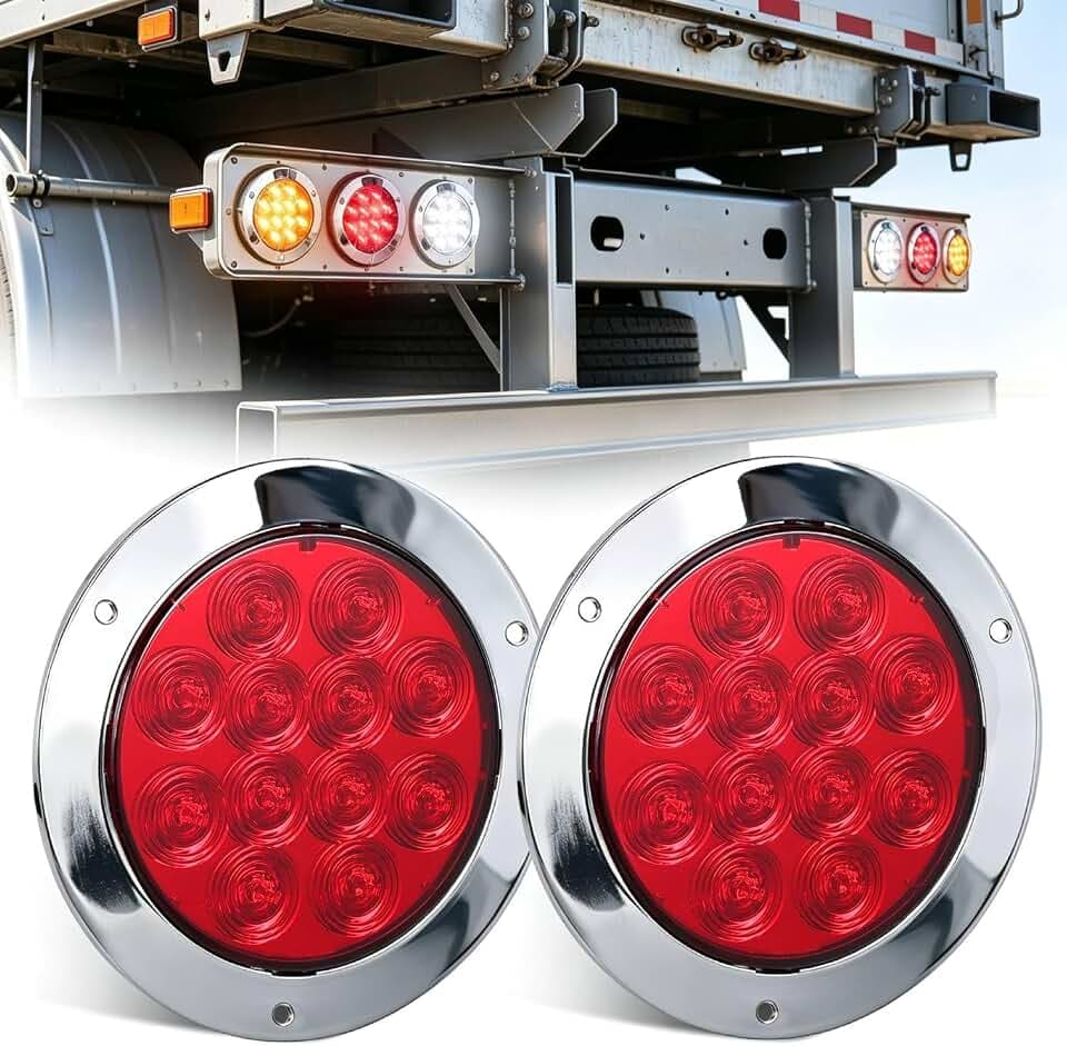Nilight Trailer Tail Lights 2PCS 4Inch Round 12LED Red Lens Chrome Frame