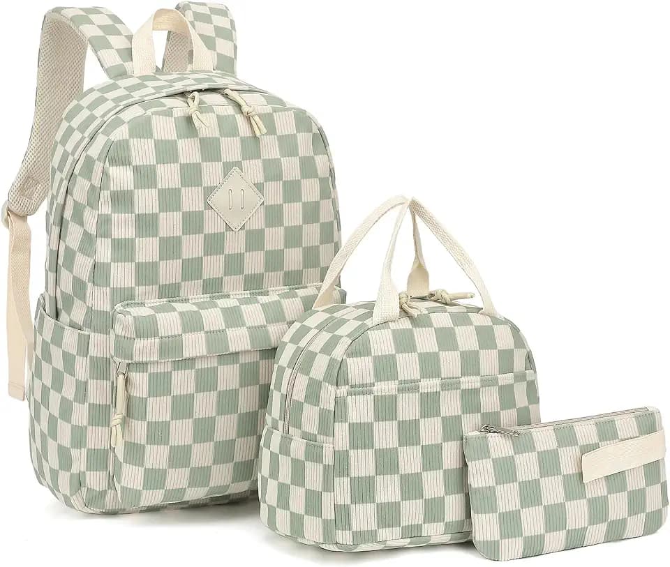 School Backpack for Girls - Girls Backpack with Lunch Box Pencil Case for Teen Kids Elementary Middle Bookbag (Corduroy Checkered Green)