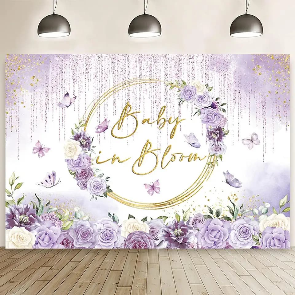 MEHOFOND Baby in Bloom Baby Shower Backdrop Purple Floral Butterfly Baby Shower Party Decorations Baby Girl's Watercolor Floral Glitter Drops Decorations Supplies Banner Photo Booth Studio Props