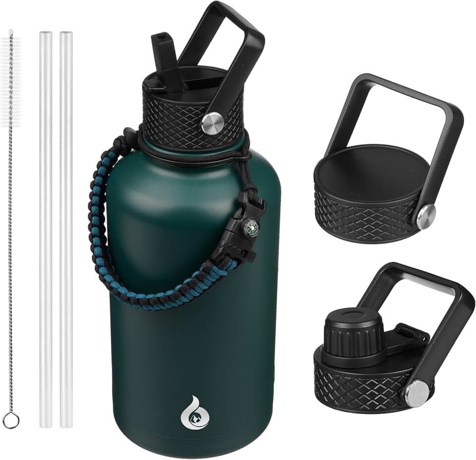 BJPKPK Halber Gallone Isolierte Trinkflasche mit Strohhalm-Deckel, 1.9L Große Große Edelstahl Flasche mit 3 Deckeln und Paracord-Griff, Thermosflasche für Heiße & Kalte Flüssigkeiten,Armeegrün