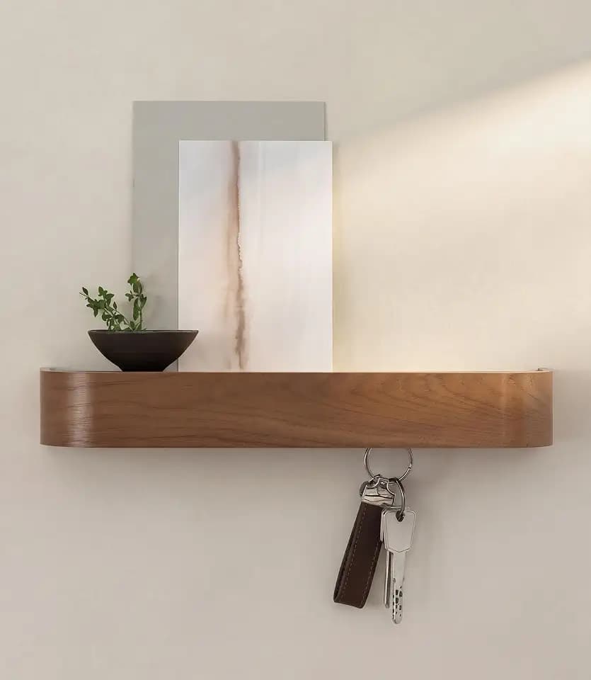 Kazai. Schlüsselbrett 'Toke' | Minimalistisches Schlüsselhaken-Design aus Berlin | Moderner Schlüsselhalter mit Ablage aus Holz | Schlüsselregal als Flur Möbel für die Wand | Walnuss