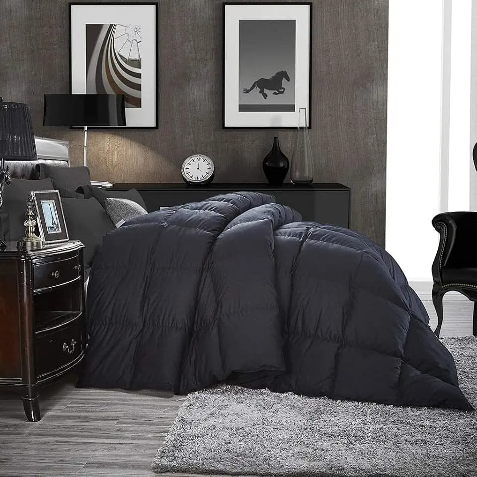 Luxurious Twin/Twin XL Goose Down Comforter, Unique Black Solid, 600 Thread Count, 100% Egyptian Cotton Cover, 65 Oz Fill Weight, 750 Fill Power
