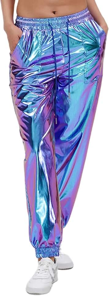 AGYMNX Damen Metallic Glänzend Hose mit Kordelzug Lackleder Jogger Casual Wetlook Cargohose Hologramm Hip Hop Tanzhosen für Nachtclub Disco Club Theme Party