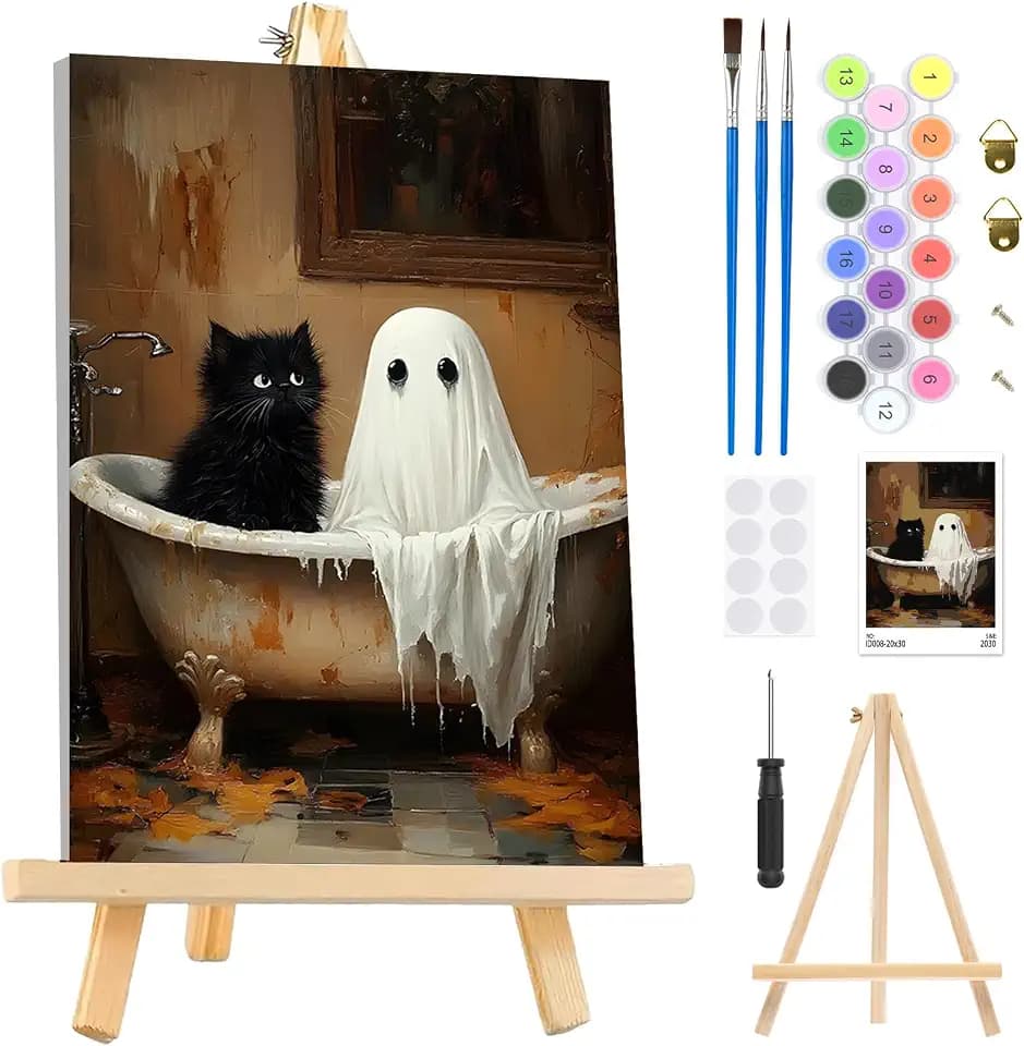 MEIYUDA Paint by Numbers Kit for Adults with Wooden Easel, Halloween Paint by Numbers with Frame, Ghost Adult Painting by Number Kits on Canvas, Cat Acrylic Oil Painting Arts Gift Wall Decor 8x12in