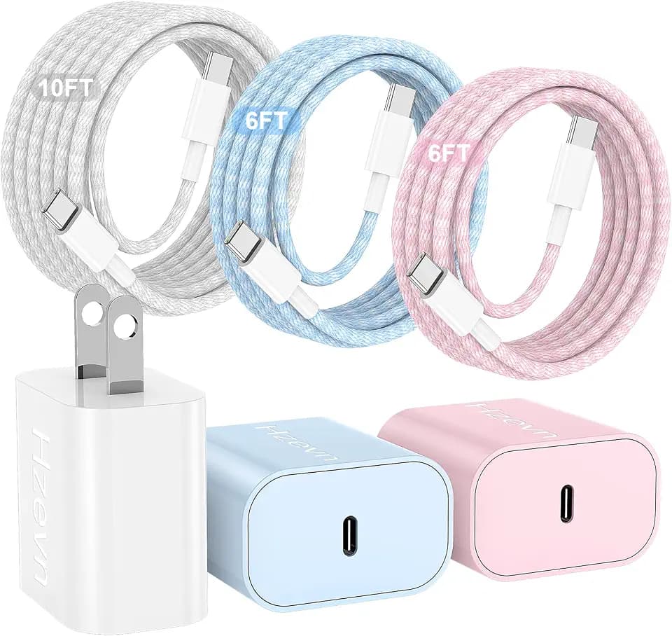 20W USB C Fast Charging for iPhone 17 Air/16/15 Pro Max,3Pack Colorful Mixed Charger Block with Braided Long USB C to C Cables (6/6/10ft) Compatible with iPhone16/15 Pro/15 Plus/iPad Pro