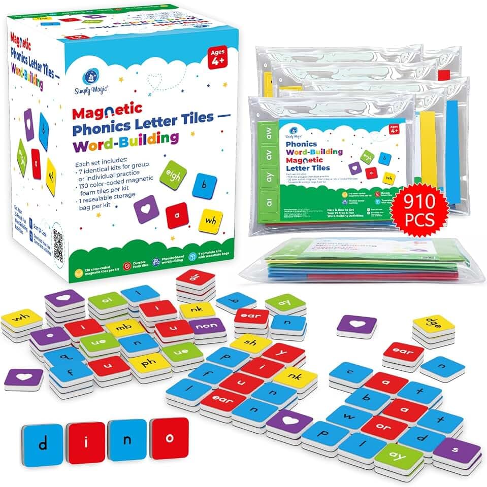 Simply Magic 910 PCS Magnetic Phonics Tiles, Reading Manipulatives - 7 Sets