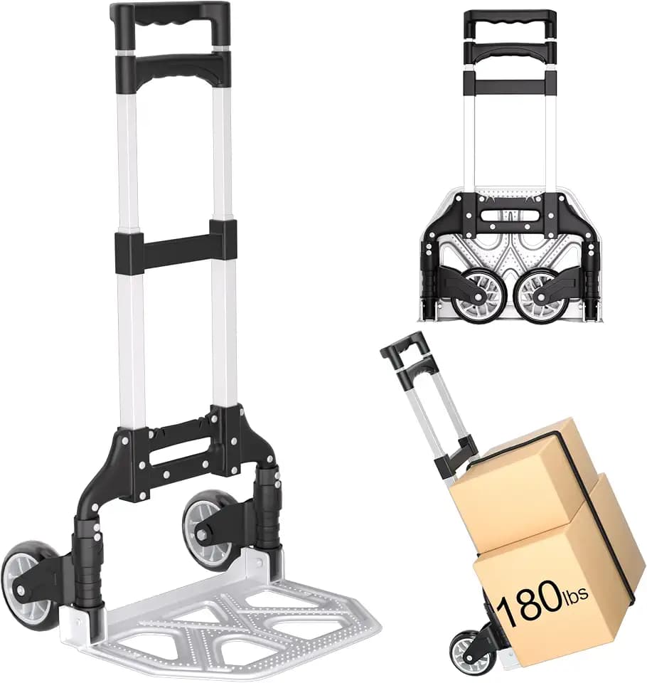 Folding Hand Truck - Aluminum Portable Dolly Cart with Telescopic Handle, Bungee Cord - Compact Lightweight Foldable Luggage Cart for Moving, Home, Auto, 180lbs, Black