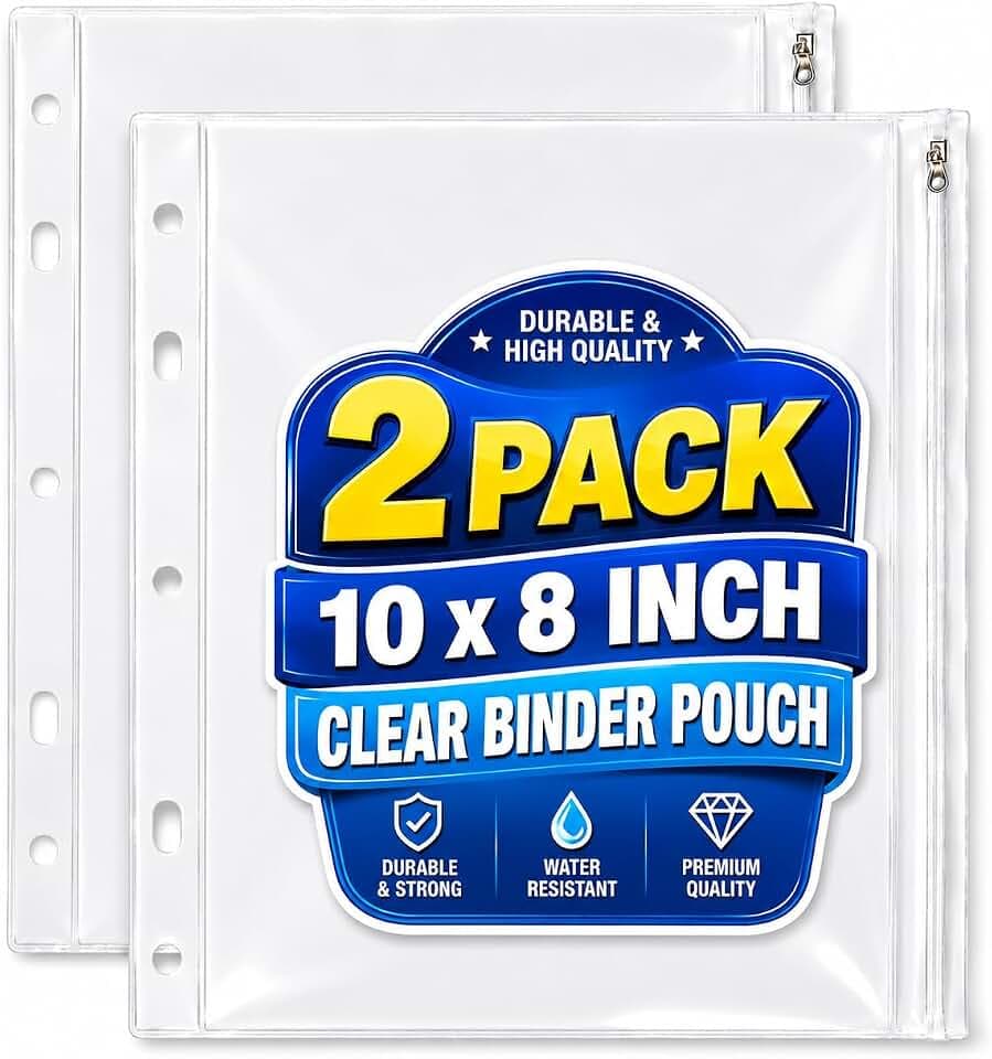 1InTheOffice Zipper Pouch for 3 Ring Binder, Binder Zipper Pocket Pouch, Transparent Binder Pocket, Vinyl Ring Binder Pocket Clear, 10" x 8", (2 Pack)
