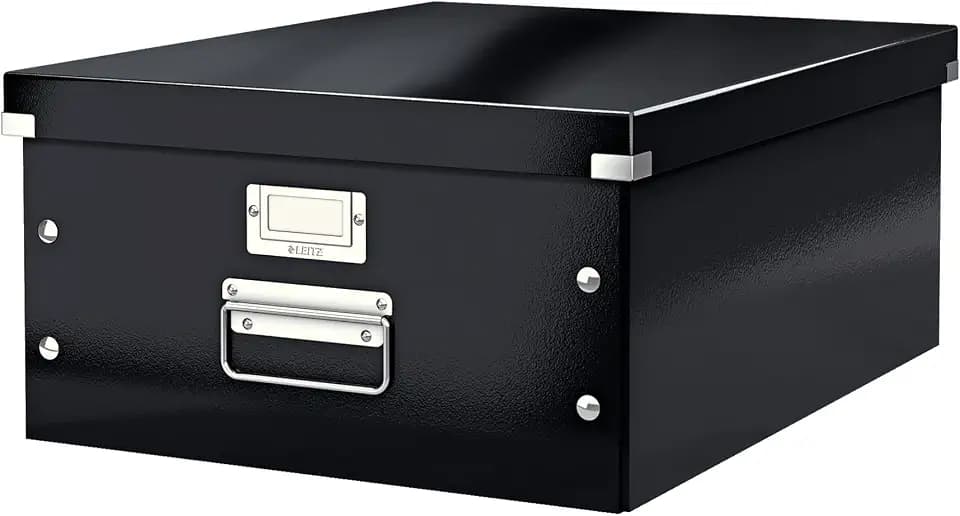Leitz Click & Store Aufbewahrungsbox mit Deckel Groß, Box für Unterlagen bis A3 im Büro oder Haushalt, Transportbox aus 85 % recycelter Premium-Hartpappe, Stabile Metallgriffe, Schwarz, 60450095