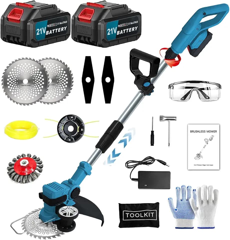 Rasentrimmer mit Akku und Ladegerät, 21V Rasentrimmer und kantenschneider für Makita, mit 2X3.0Ah Akku & unkrautbürste, 4 Klingentypen, Bürstenloser Motor-Blue