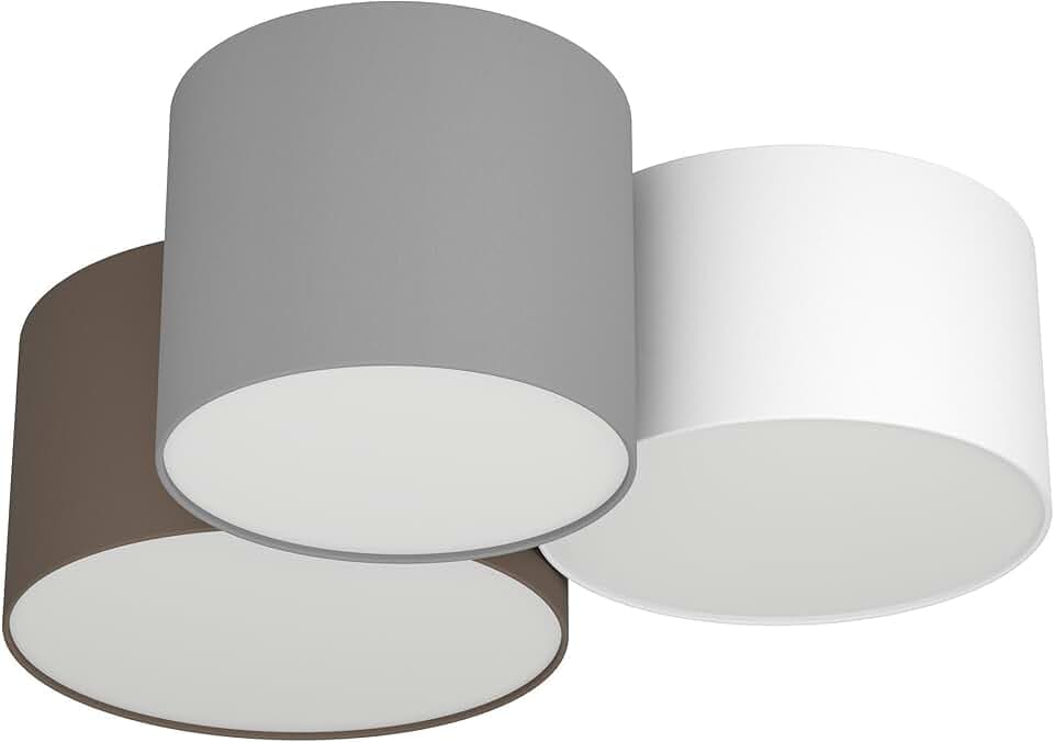 EGLO Deckenlampe Pastore, Textil Deckenleuchte mit 3 runden Lampenschirmen | Wohnzimmerlampe aus Metall und Stoff in Weiß, Braun und Grau, E27 Fassung