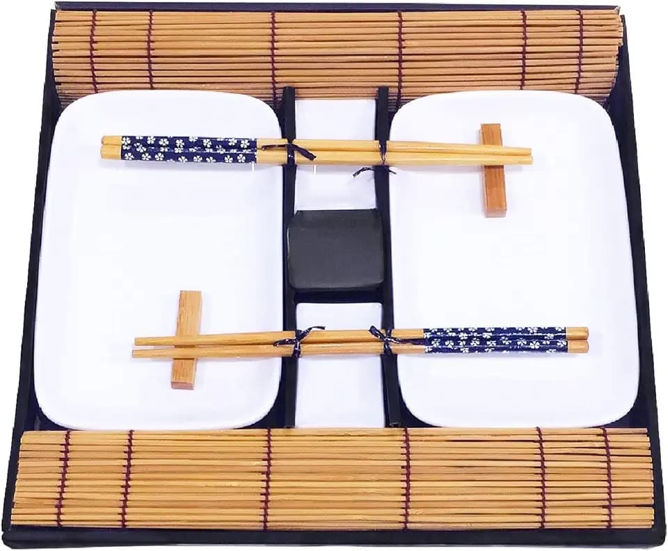 Exzact Sushi 10 tlg Porzellan Teller Dipschalen Bambus Matten Essstäbchen