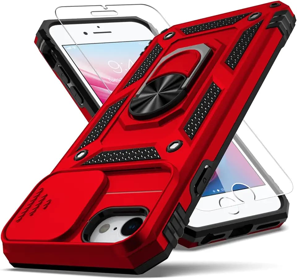 for iPhone SE Case 2022/3rd/2020/2nd gen/7/8,with Camera Lens Cover HD Screen Protector,[Military Grade] Car Mount Kickstand Shockproof Protective Case for iPhone 8, Red