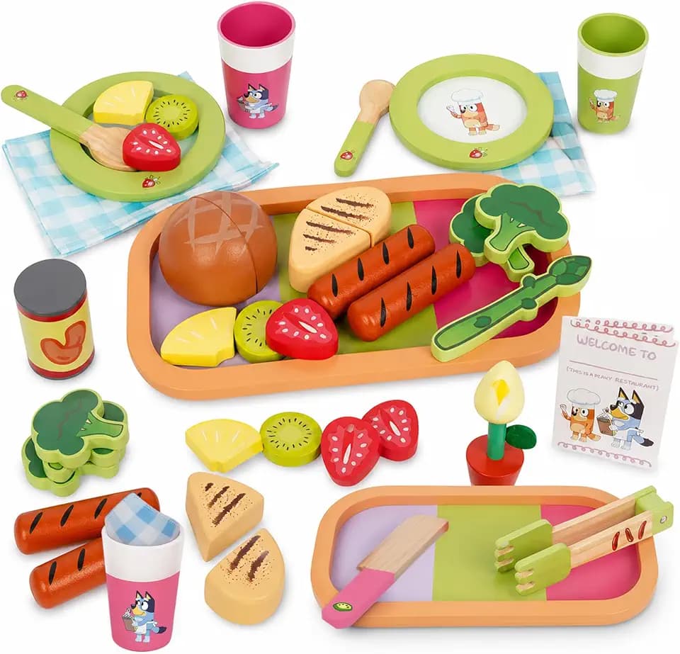 Bluey Toy Fruits and Vegetables for Toddlers, 32-Piece Pretend Food with Plates, Utensils, Baby Play Food & Wooden Toy Fun