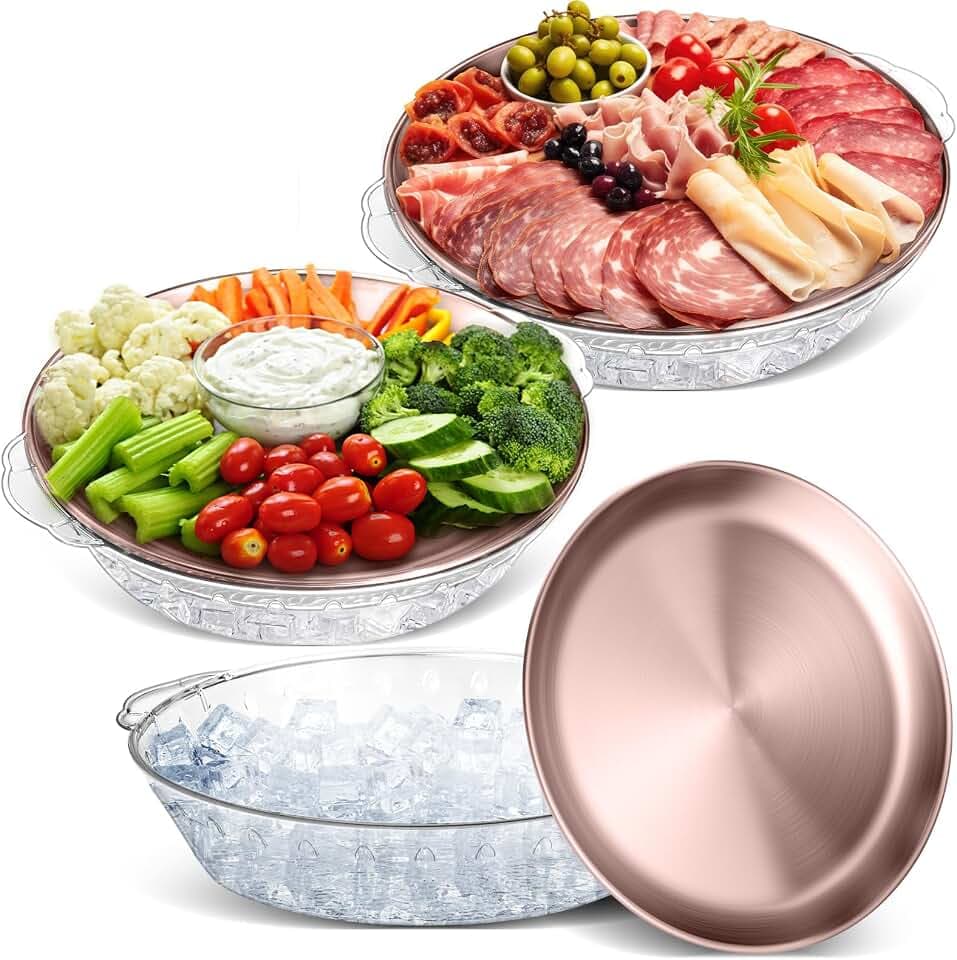 Baderke 3 Set 11.8" Chilled Serving Tray Compartments for Parties, Rose Gold