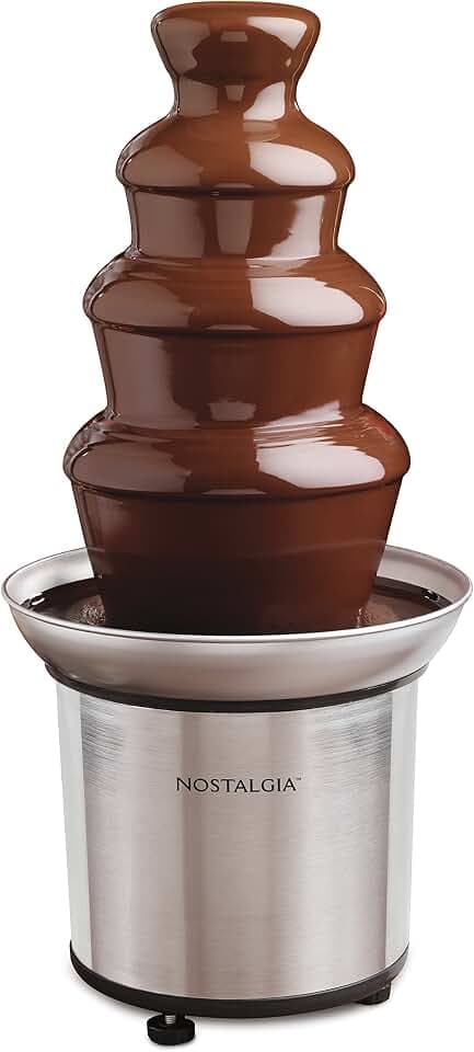 Nostalgia CFF986 32-Ounce Stainless Steel Chocolate Fondue Fountain, 2-Pound Capacity, Easy to Assemble 4 Tiers, Perfect for Nacho Cheese, BBQ Sauce, Ranch, Liqueurs
