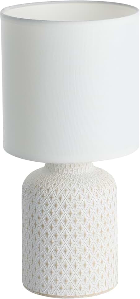 EGLO Tischlampe Bellariva, Keramik Tischleuchte, Nachttischlampe beige | Keramik in Creme, Textil Lampenschirm in Weiß, Wohnzimmerlampe, Lampe mit Kabel und Schalter, E14 Fassung
