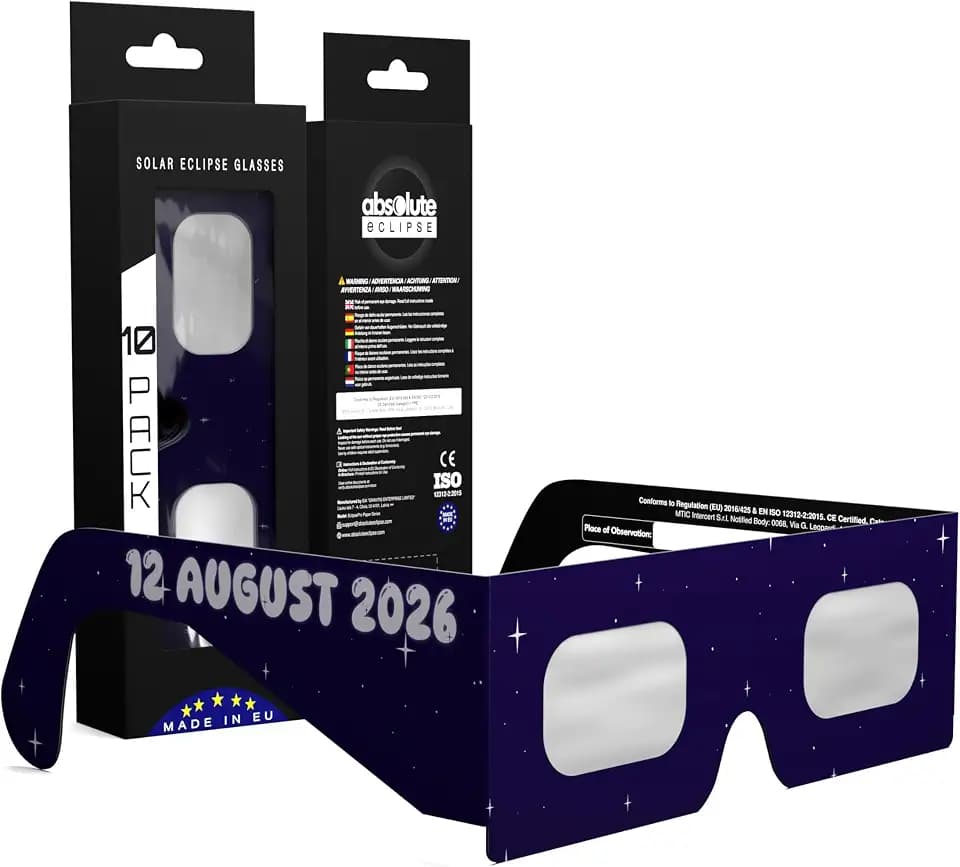 Absolute Eclipse Sonnenfinsternis Brille 2026 zum Sehen der Sonnenfinsternis - ISO 12312-2 CE Zertifiziert - 12. August 2026 - Erwachsene Kinder - EU Hersteller Anerkannt AAS - 55+ Designs