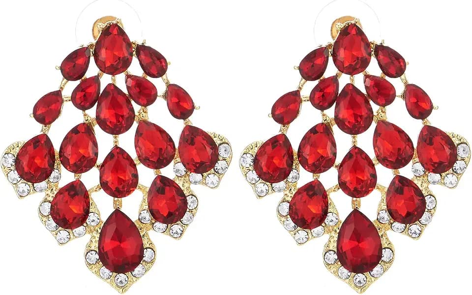 Red Crystal Chandelier Earrings, Multi-Tiered Teardrop Cluster, Statement Earrings, Party Prom