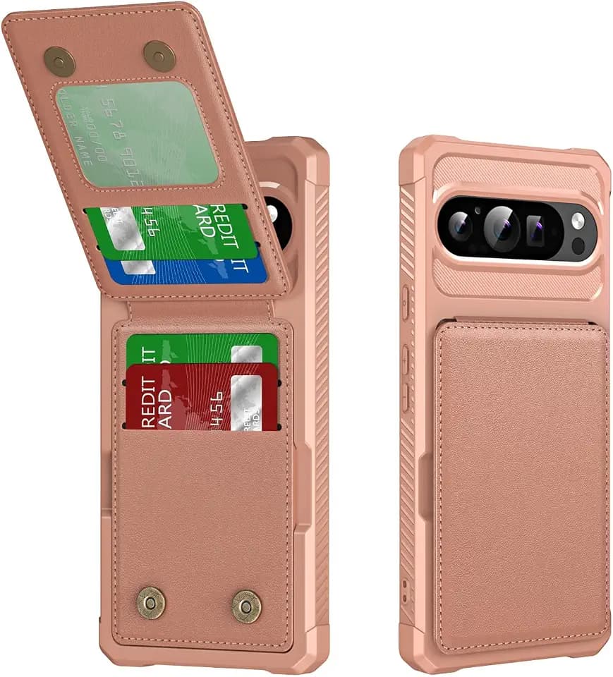 Dteck for Google Pixel 8a Case (6.1") 2024, PU Leather/Plastic Phone Case with Magnetic Button Closure Credit Card Holder Slots, Wallet/Kickstand Function, Lightweight Protective Solid Cover, Rosegold