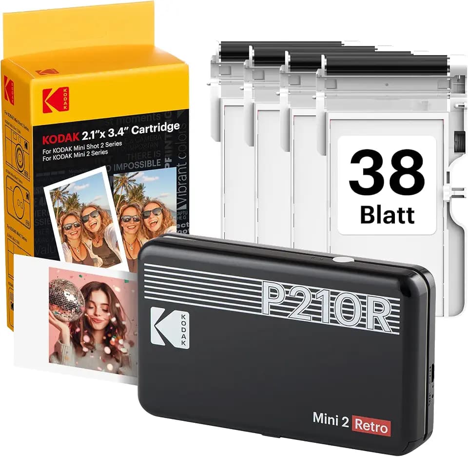 KODAK Mini 2 Retro 5,3x8,6cm Fotodrucker, 4PASS, 38 Blatt, Schwarz