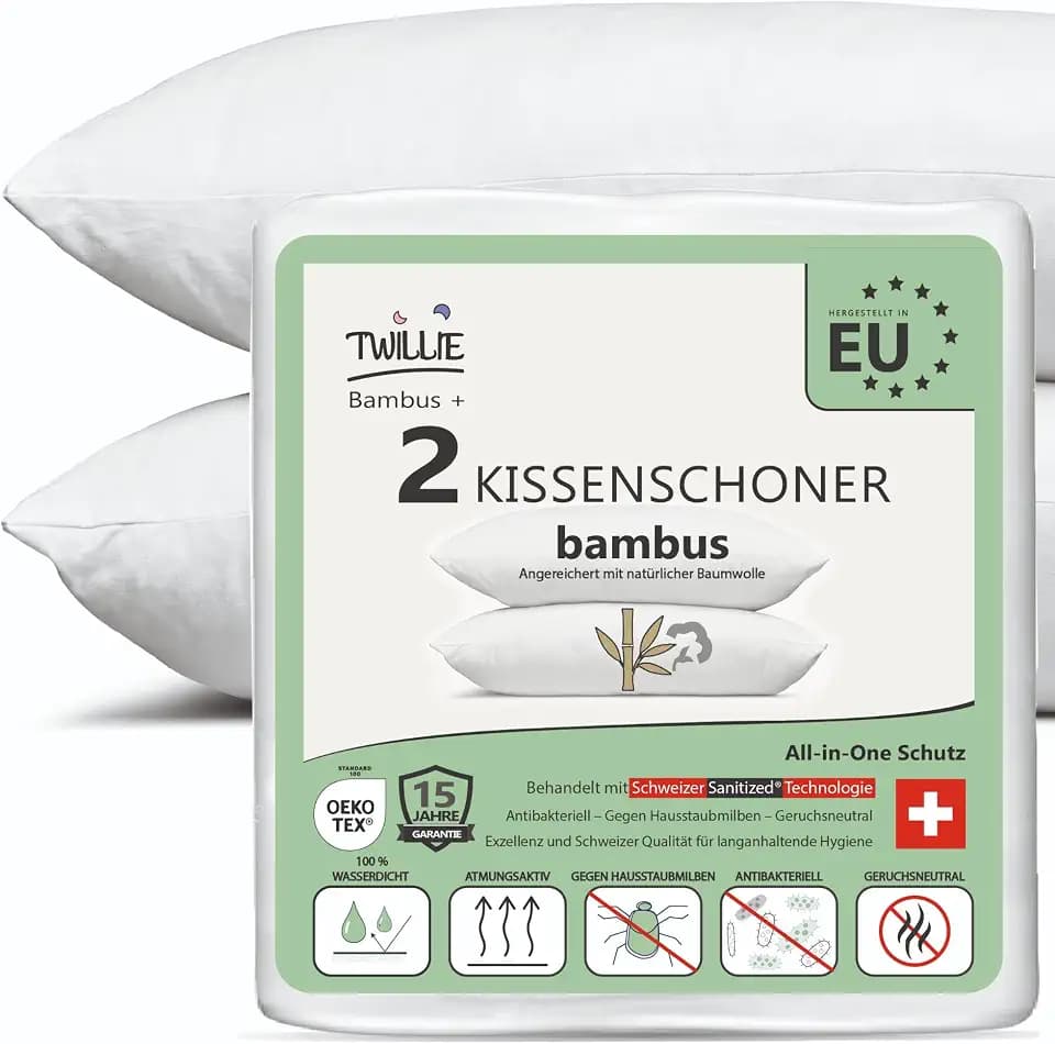 Twillie Kissenschoner 80 x 80 (2er-Set) Bambus – Premium-Qualität – Wasserdicht, Reißverschluss, Hautfreundlich – Naturbaumwolle, Schweizer Sanitized® Anti-Milben Antibakteriell – Hergestellt in EU