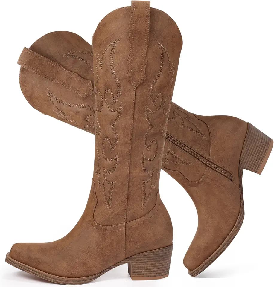 Cowboy Boots for Women - Knee High Wide Calf Cowgirl Boots with Chunky Heel Snip Toe Side Zipper Embossed Design for Festival Prom Party Casual Outfits