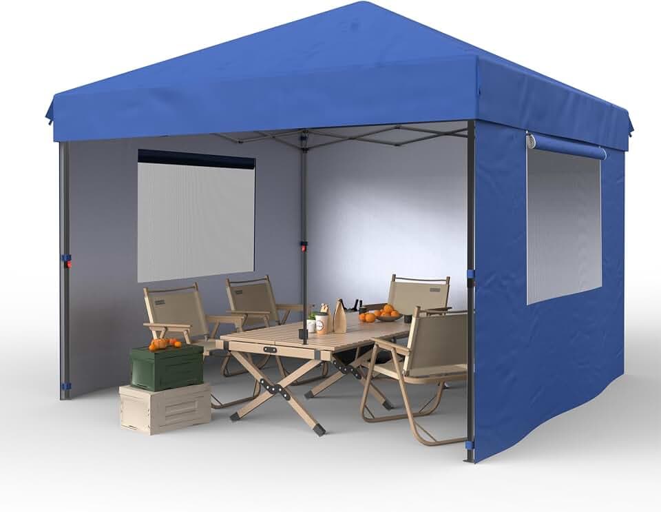 10x10 Pop Up Canopy with 3 Sidewalls - Outdoor Canopy Tent with Portable Roller Bag - One Button Push Setup, 3 Adjustable Height, 4 Weight Bags, 8 Stakes & 4 Guy Ropes Included, Blue