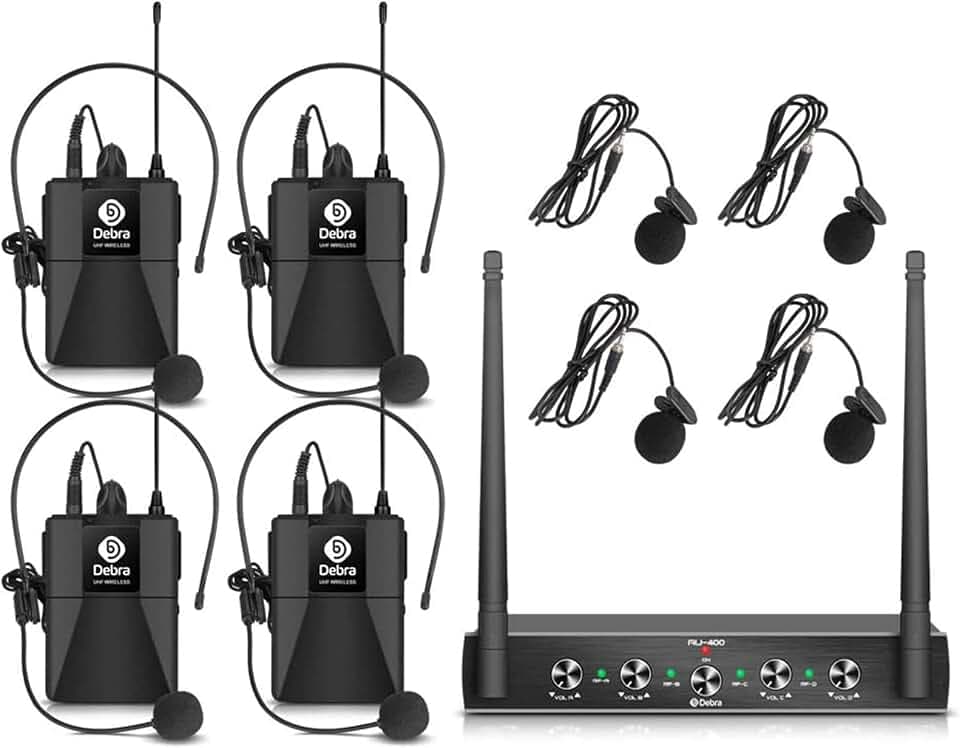 D Debra Wireless Microphone,AU400 UHF Funkmikrofonen System mit Bodypack Transmitter/Headset Funkmikrofon/Lavalier Ansteckmikrofonen für Gesang, Karaoke（4 Bodypack(A)）