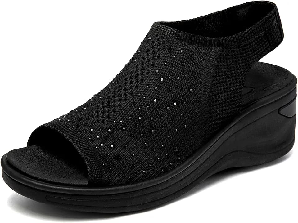 KOIMED Women's Comfortable Platform Walking Sandals With Memory Foam Open Toe Lightweight Breathable Soft Mesh Washable For Summer Travel Casual Beach Outdoor Sport Black