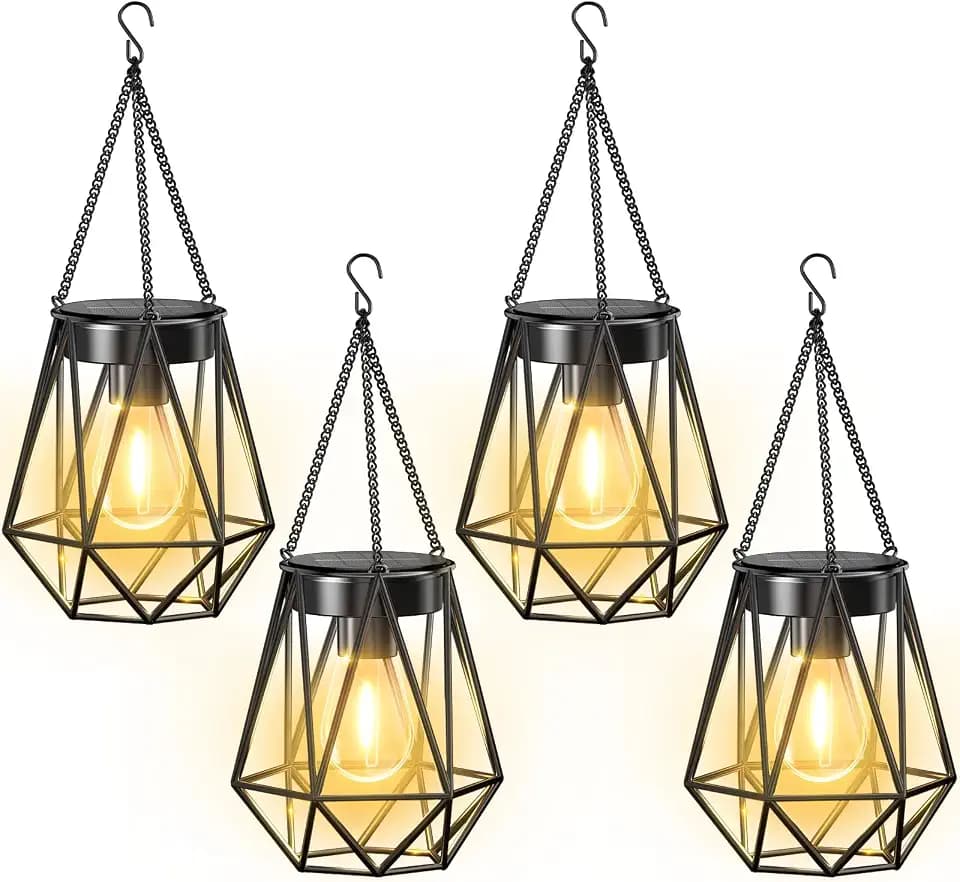 KOOPER 4 Pack Hanging Solar Lanterns Outdoor Waterproof, Metal Hanging Solar Lights for Outside, Upgraded Brighter Outdoor Lanterns Decorative for Garden Patio Yard Porch Gifts for Women Mom Grandma