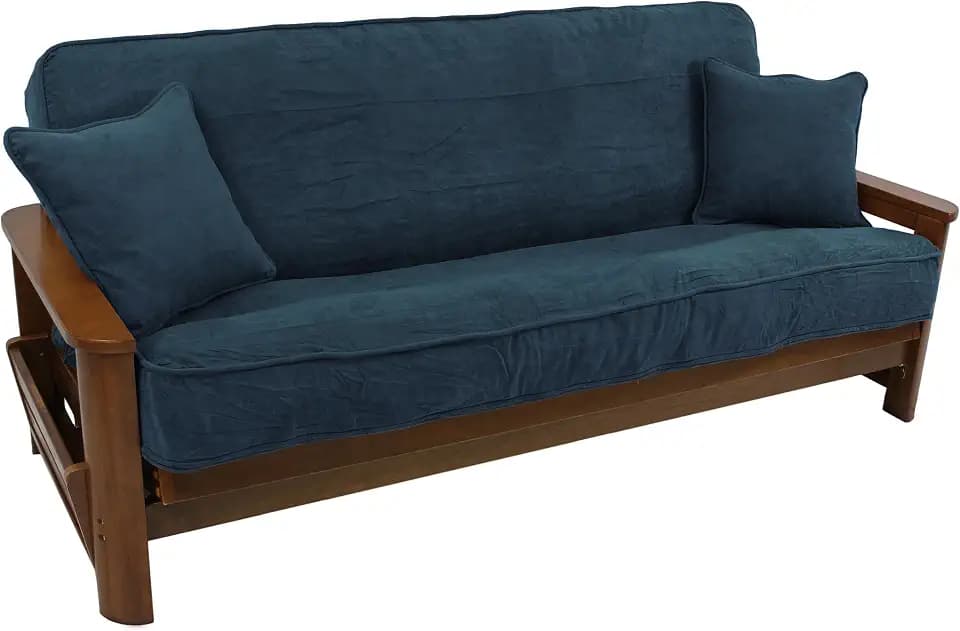 Blazing Needles Solid Microsuede Double Corded 8" to 9" Futon Cover Set with 2 Throw Pillows (Set of 3), Full, Indigo