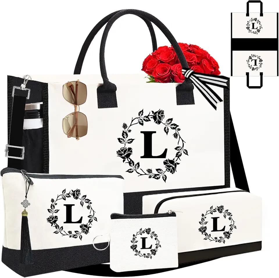 Personalized Tote Bags for Women, 4pcs Monogram Tote Bags, Double-sided Embroidery Initial Tote Bag Birthday Gifts