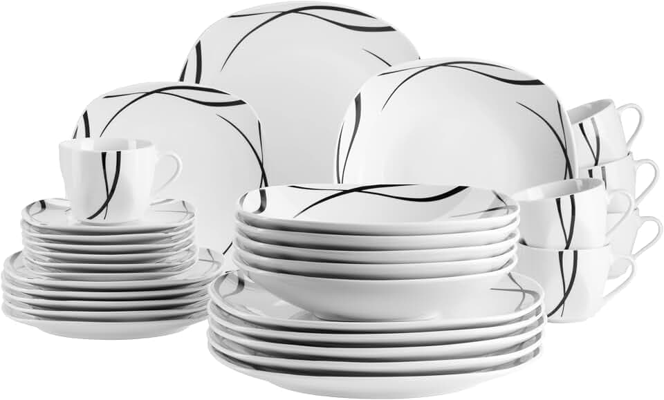 MÄSER Serie Decora, Geschirr Set für 6 Personen, 30-teiliges Kombiservice in eckiger Form, elegant, zeitlos, Porzellan, Weiß