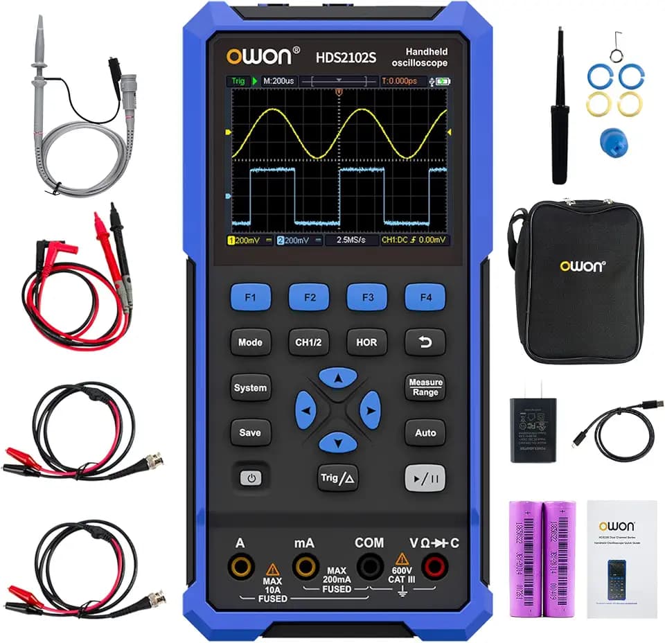 OWON HDS2102S 3 in 1 Handoszilloskop, 100MHz Bandbreite USB Typ C mit 3,5 Zoll LCD Display, 20000 Zählungen Digital multimeter, 2Kanal Digital Oszilloskop und 1Kanal Wellenformgenerator