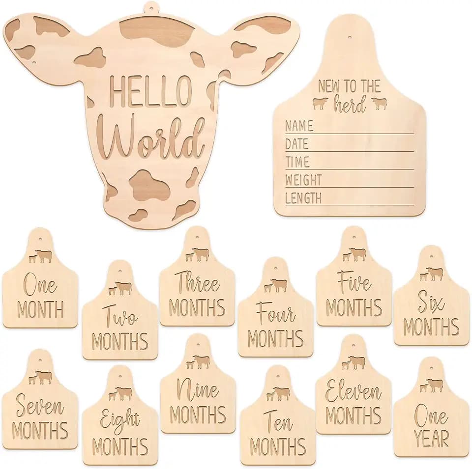 Huray Rayho Cow Baby Monthly Milestone Cards, Wooden Newborn Photo Props