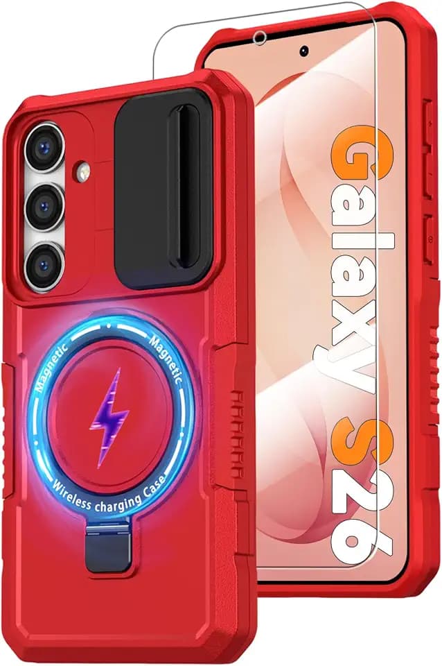 Magnetic Case for Samsung Galaxy S26 5G with Ring Stand [Screen Protector] [Compatible with MagSafe Wireless Charging] Military Grade Shockproof Case with Camera Cover for Samsung S26 6.3 inch, Red