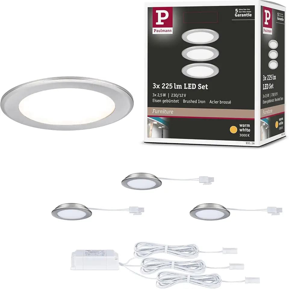 Paulmann 93116 LED Möbeleinbauleuchten 3er-Set 65mm 3x2,5W 3x180lm 230/12V 3000K Eisen gebürstet