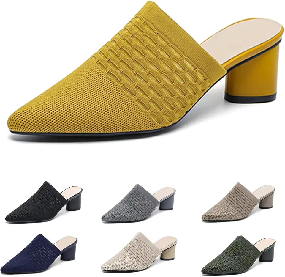 Women’s Knit Mesh Chunky Heel Mules Closed Pointed Toe Backless Slip On Mid Block Heel Dress Slide Sandals Summer Breathable Daily Party Pumps