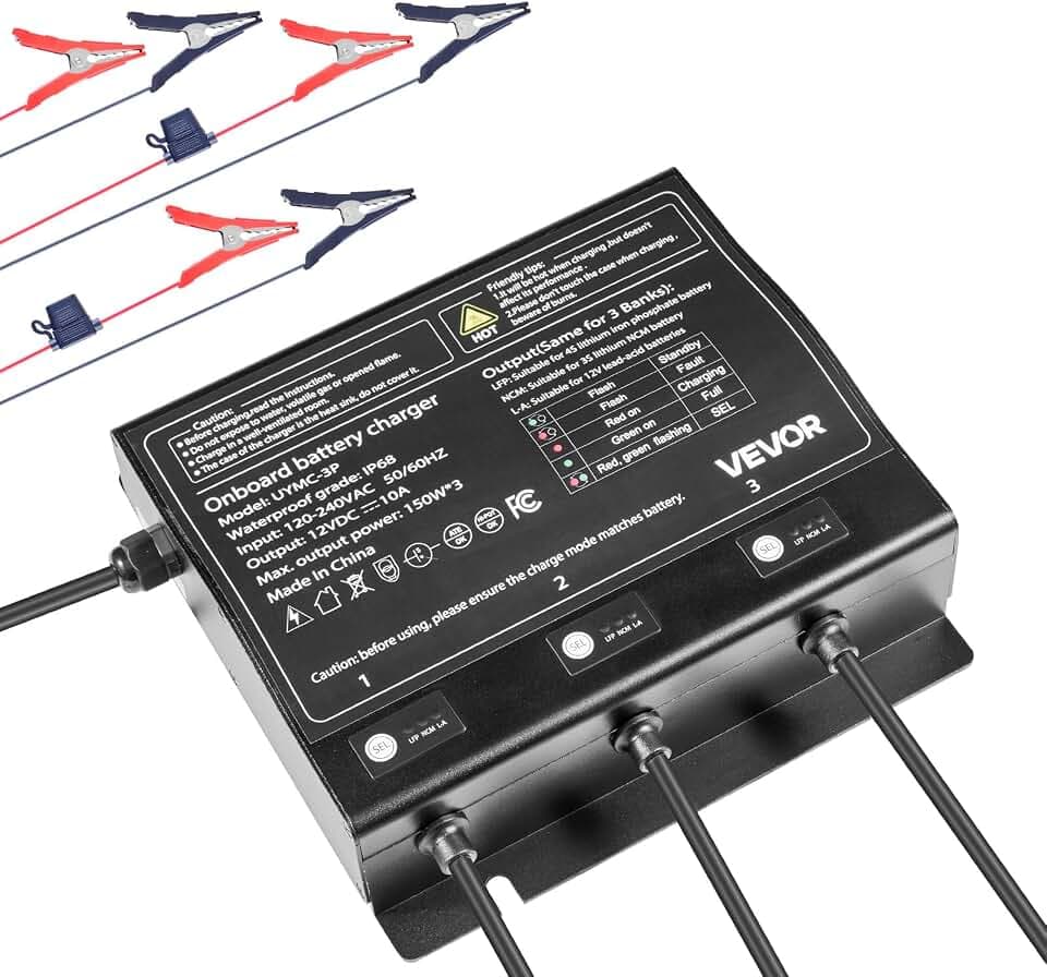 VEVOR Marine Battery Charger, 3-Bank 10A (10A/Bank) 12V Onboard Battery Charger, IP68 Waterproof Smart Charger for Lithium-Ion LiFePO4, NCM, Lead-Acid Batteries, Large Boats, Yacht, RV, Trailer