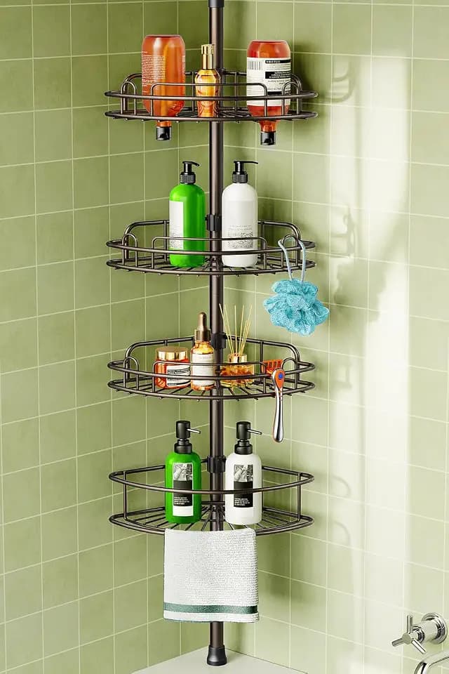 HAMITOR Corner Bathroom Organizer, 4-Tier Tension Pole Shower Caddy, Bronze