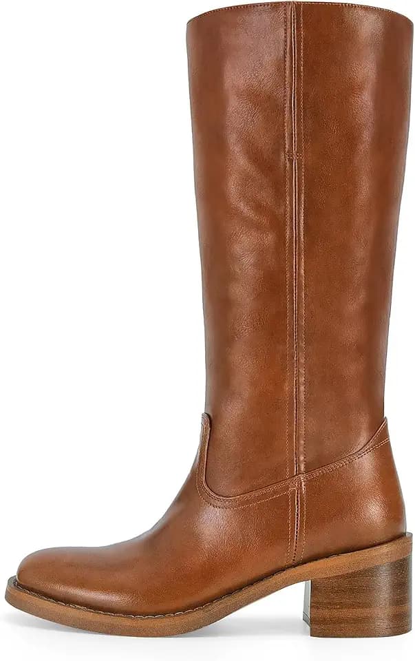 DOEYG Women's Banana Knee High Boots Square Toe Chunky Block Heel Tall Boots Wide Calf Fashion Comfortable Casual Pull on Long Boots