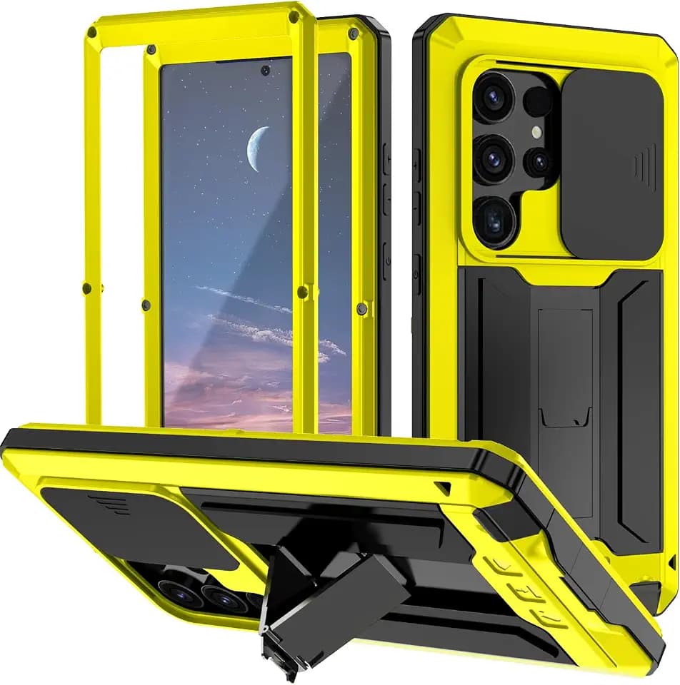 Compatible for Samsung S25 Ultra Metal Case with Slide Camera Cover Built in Screen Protector Full Body Hybrid Stand Military Heavy duty Armor Aluminium Silicone Case For Man Construction Yellow