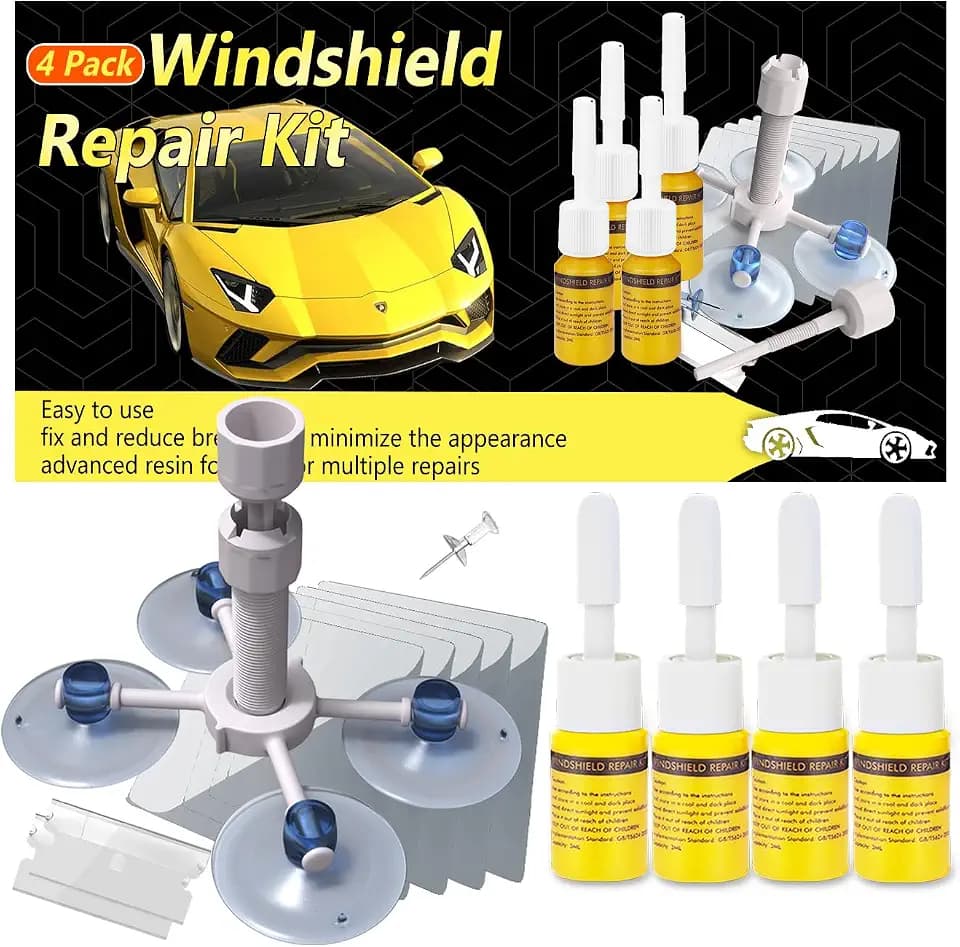 CLAMPER Windshield Crack Repair Kit, Windshield Repair Kit for Chips and Cracks, 4 Pcs Car Glass Repair Kit, Cracks Gone Glass Repair Kit Automotive Quick Fix for Chips, Cracks, Bullseyes (Yellow)