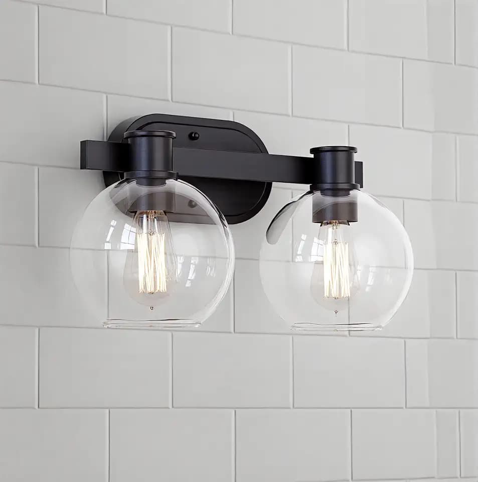 Tawson Dan Modern Farmhouse 2-Light Vanity Light Wall Sconce Lighting with Clear Glass Globe Shade in Light Black Finish for Bedroom, Hallway, Kitchen