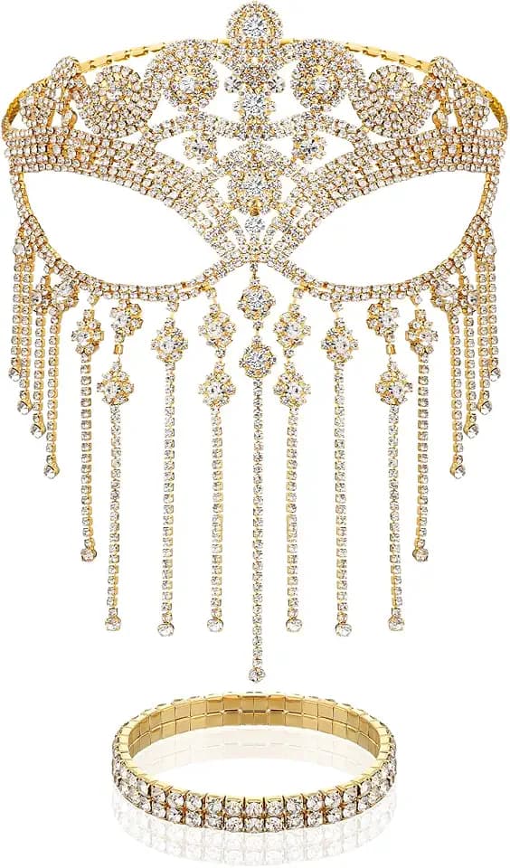 Sureio 3 Pack Masquerade Mask Set Tassel Veil Rhinestone Bracelet