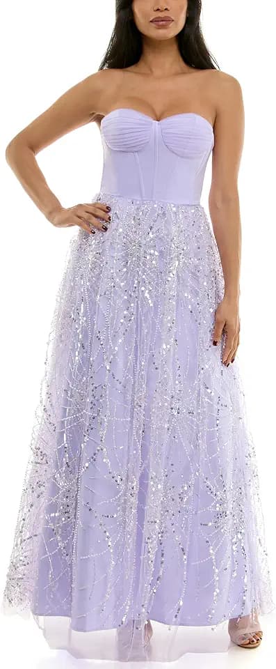 Women's Strapless Corset Top Pearl & Sequin Embellished Tulle Skirt Ball Gown