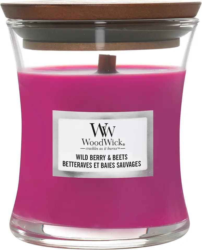 WoodWick Mittelgroße Duftkerze im Sanduhrglas mit knisterndem Docht | Wild Berry & Beets | Brenndauer bis zu 20 Stunden
