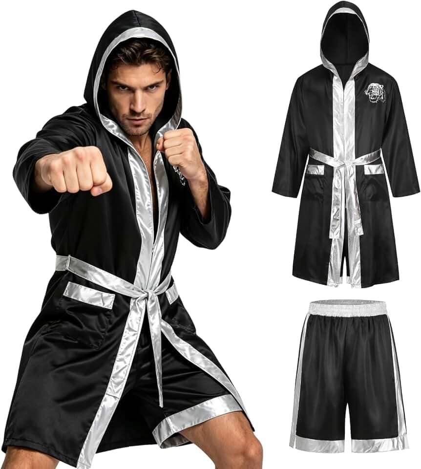 maxToonrain Herren Champion Boxer Kostüm Set Erwachsene Satin Boxing Outfit Robe mit Drache Tiger Faust Print & Passende Shorts für Halloween Cosplay Party Events