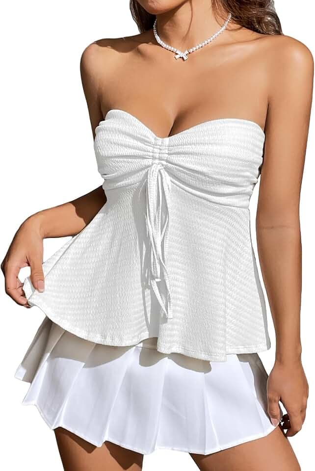 Milumia Women Tie Front Ruched Tube Top Y2k Summer Strapless Peplum Tops